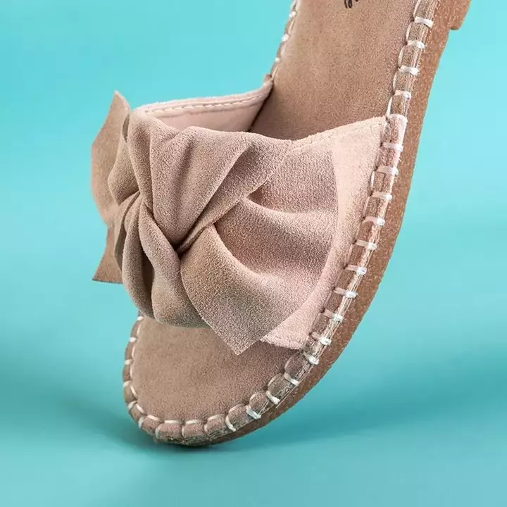 OUTLET Beige women's slippers with a bow Bonehas - Shoes