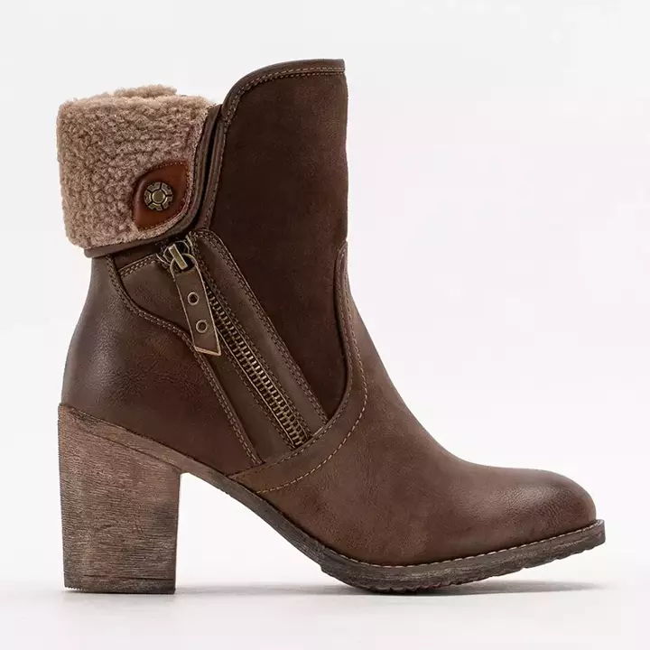 OUTLET Brown women's boots on a post with a sheepskin Erike - Footwear