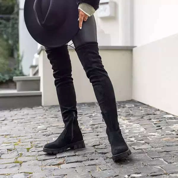 OUTLET Eco - black suede boots with flat heels over the knee. Engi- Shoes