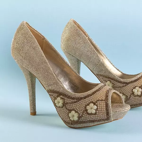 OUTLET Gold women's pumps on a high heel Christyn - Footwear