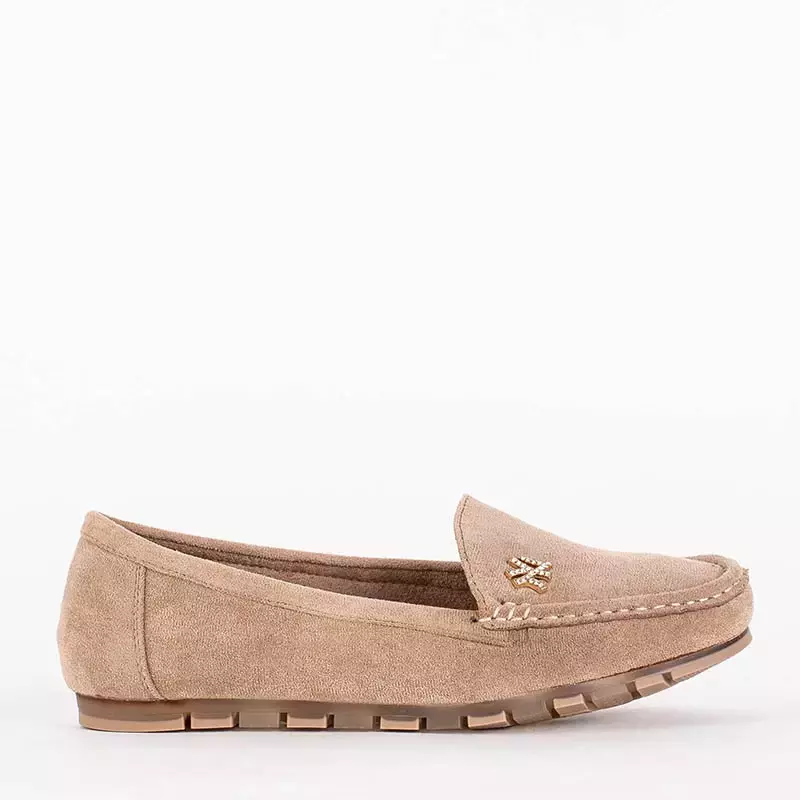 OUTLET Light brown women's eco-suede moccasins with Pixila decoration - Footwear