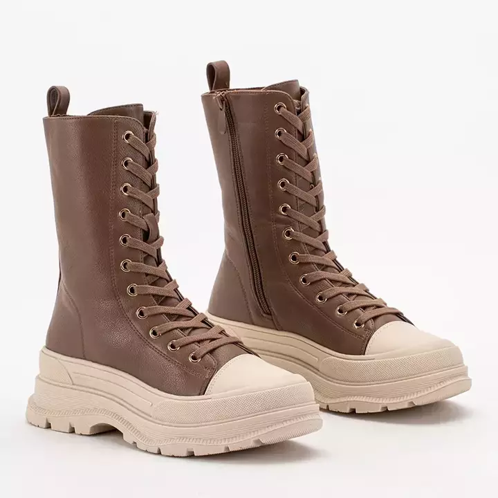 OUTLET Light brown women's high boots with flat heel Magara - Footwear