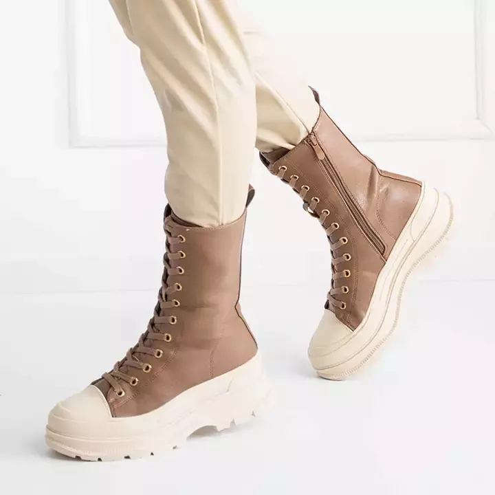 OUTLET Light brown women's high boots with flat heel Magara - Footwear