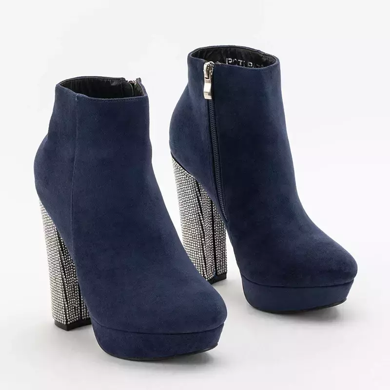 OUTLET Navy blue women's high-heeled boots with zircons Tatinka - Footwear
