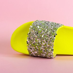 OUTLET Neon green women's slippers with cubic zirconia Aisidora - Footwear