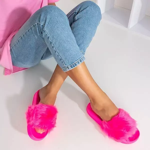 OUTLET Neon pink slippers with fur Millie- Footwear