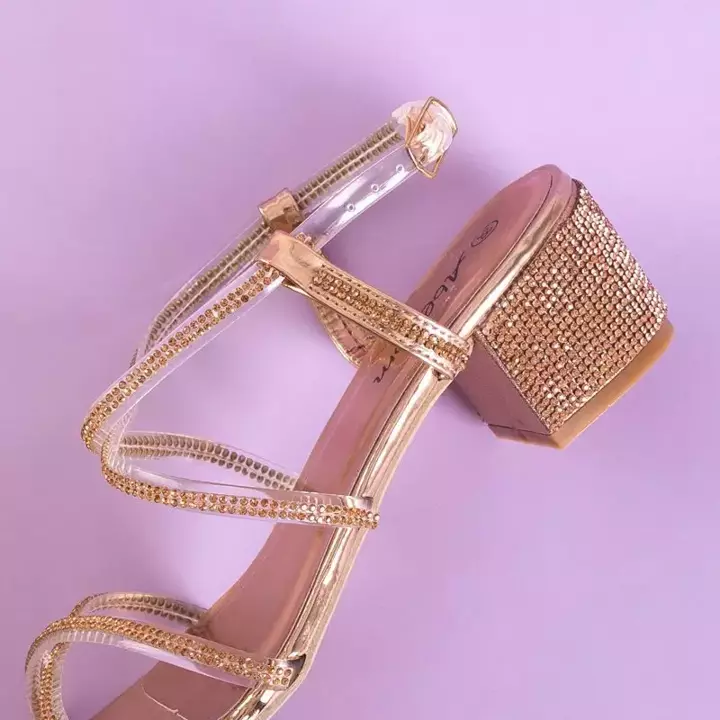 OUTLET Pink and gold women's sandals on a post with cubic zirconias Jukko - Footwear