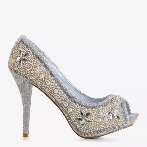 OUTLET Silver women's brocade pumps with zircons and pearls Gitana - Footwear