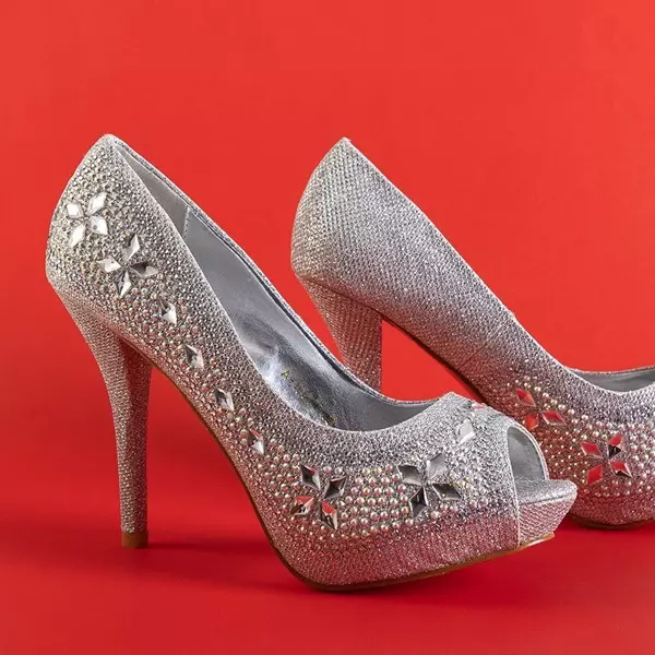 OUTLET Silver women's pumps on a high heel with Polinari decorations - Footwear