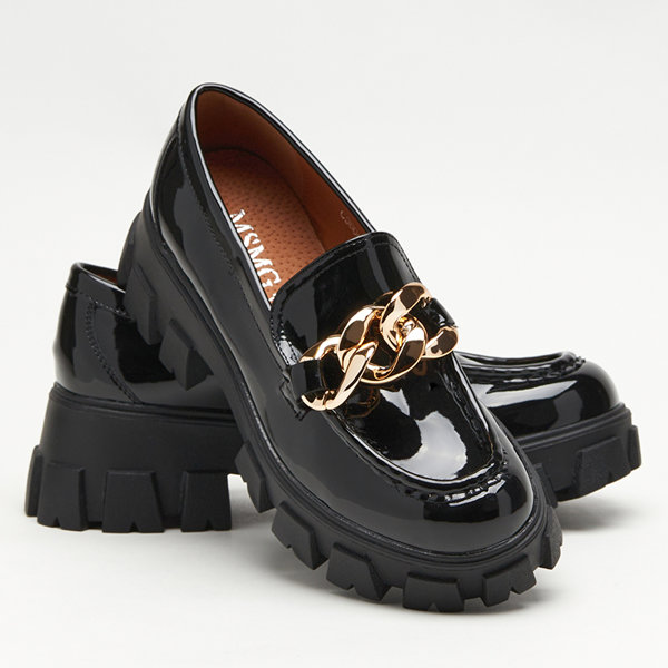 OUTLET Women's black lacquered slip on shoes with a Linera chain - Footwear