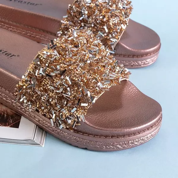 OUTLET Women's platform slippers with cubic zirconia rose gold Lomine - Footwear
