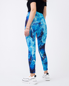 Patterned women's blue high-waisted leggings - Clothing