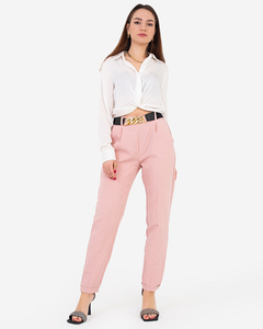 Pink women's fabric trousers with a belt - Clothing
