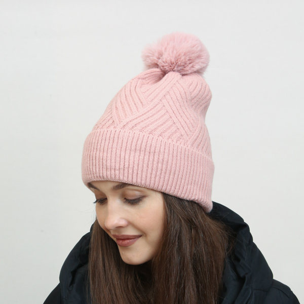 Pink women's insulated beanie with pompom - Accessories