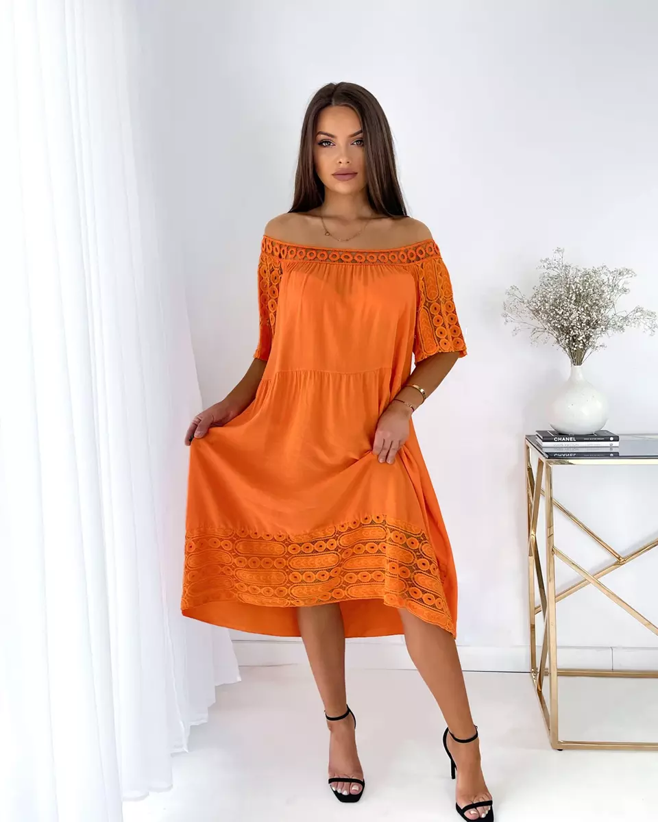 Royalfashion Orange women's dress with lace inserts