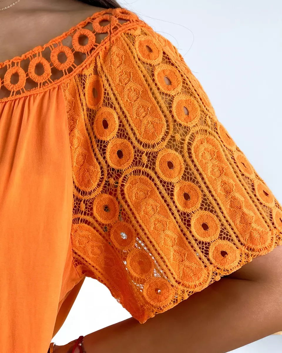 Royalfashion Orange women's dress with lace inserts