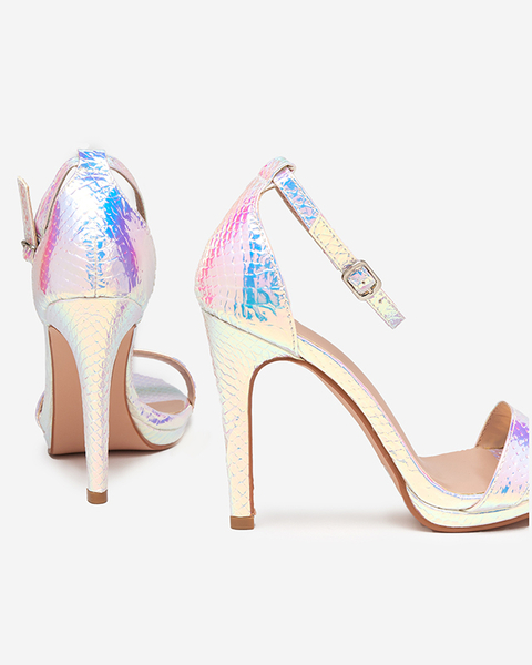 Silver women's holographic sandals on a high heel Fasiro - Footwear