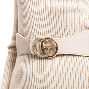 Women's elastic beige belt with a golden buckle - Accessories