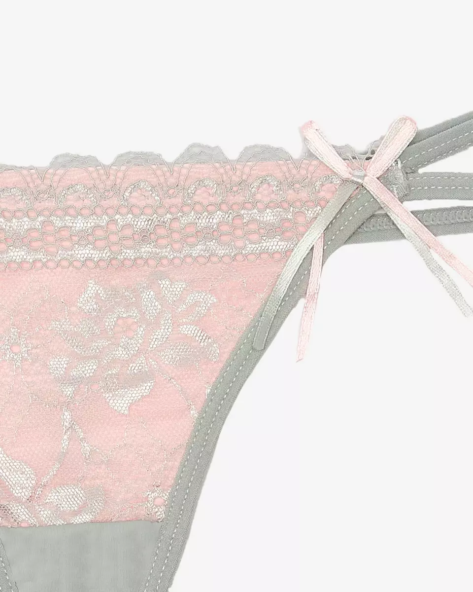 Women's gray-pink thong with lace and decorative straps - Underwear