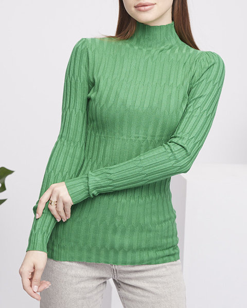 Women's green ribbed sweater with a stand-up collar - Clothing
