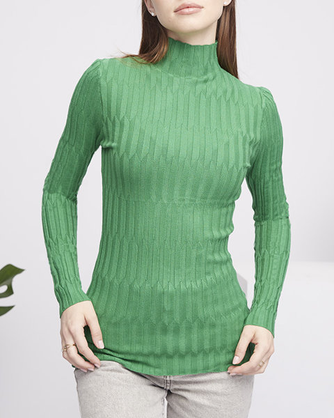 Women's green ribbed sweater with a stand-up collar - Clothing