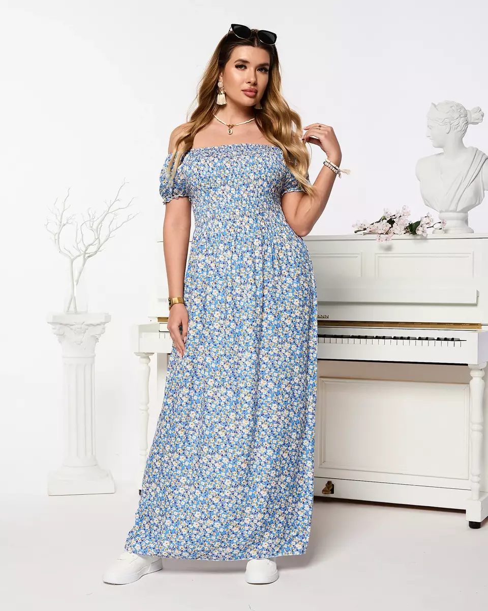 Women's maxi dress a'la hiszpanka in floral pattern in blue- Clothing