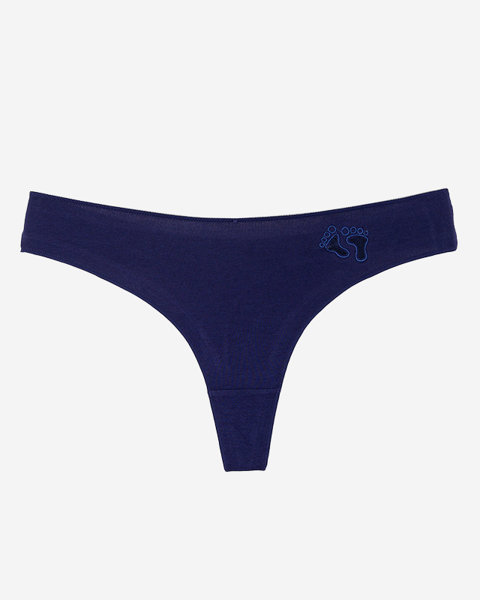 Women's navy blue cotton thong with embroidery - Underwear