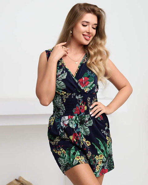 Women's navy blue short jumpsuit with a floral motif - Clothing