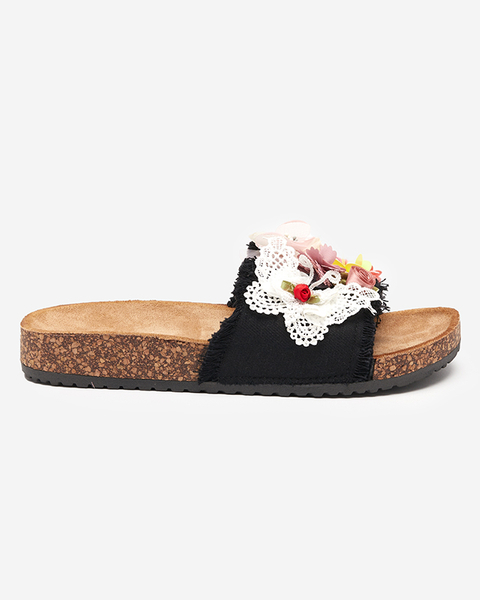 Women's slippers with fabric flowers in black Ososi- Footwear
