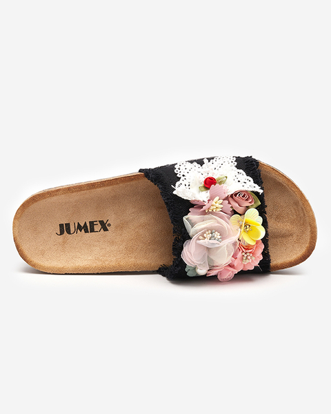Women's slippers with fabric flowers in black Ososi- Footwear