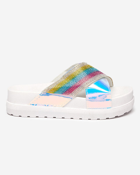 Women's white holographic slippers with sequins Yalay - Footwear