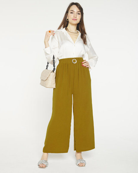 Women's wide palazzo trousers with olive-colored decoration - Clothing