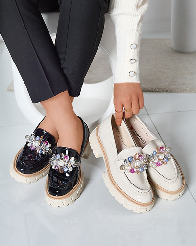 OUTLET Royalfashion Black lacquered women's moccasins with ornament Leliab